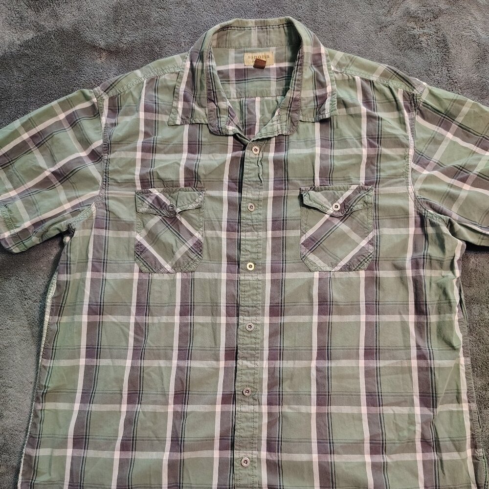 Sonoma Life + Style Green Gray Plaid Short Sleeve Button Up Shirt - XL